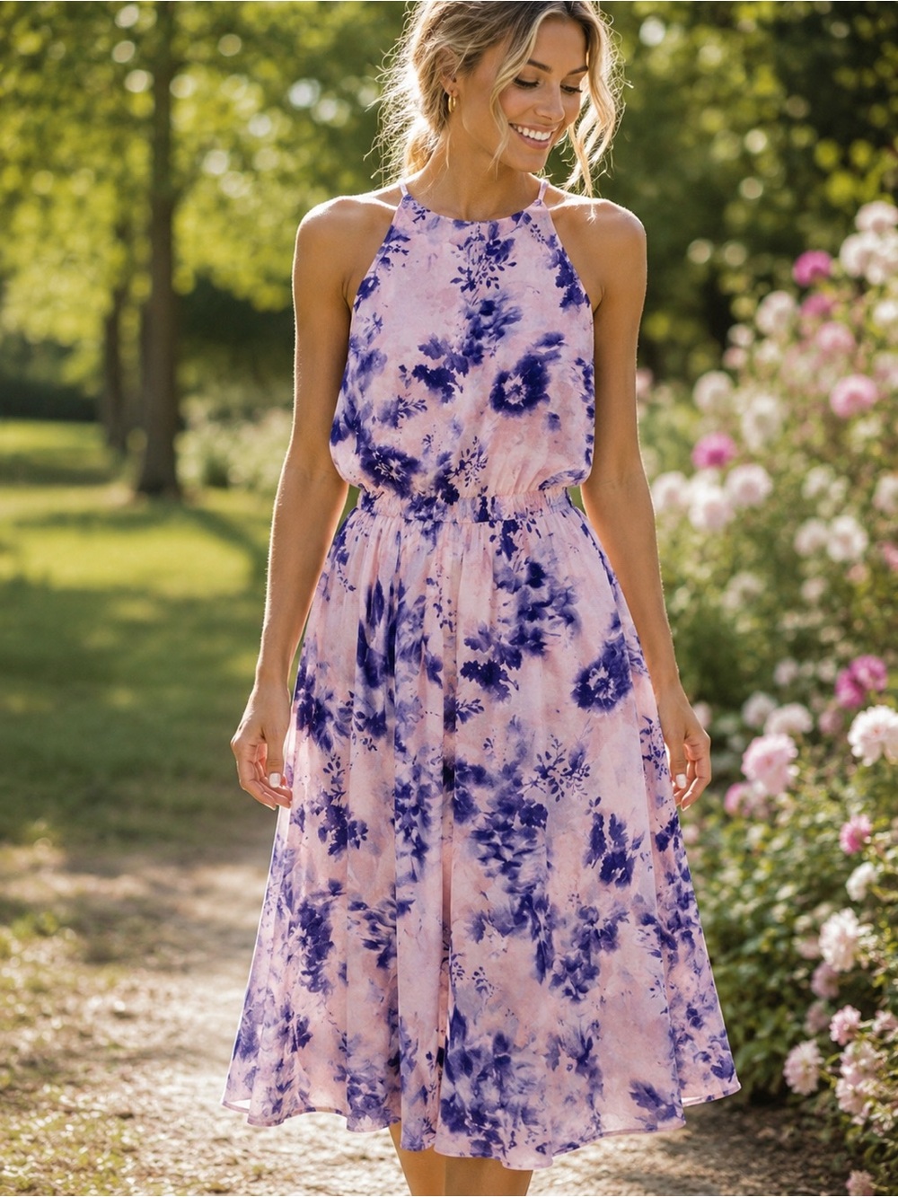 Floral Halter Midi Dress Watercolor Flowy Simply Vera Vera Wang XS